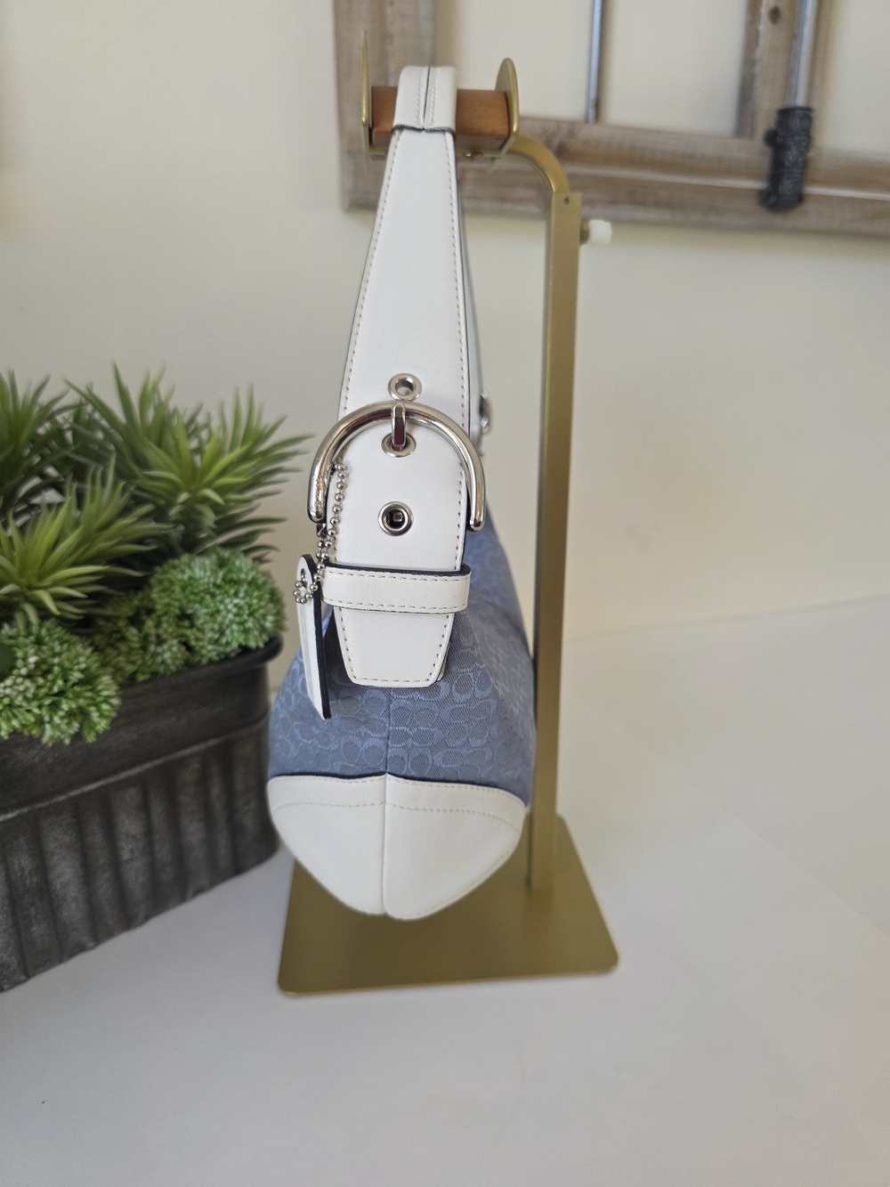 Coach Soho Signature Jacquard Hobo Shoulder Bag Denim Blue White Leather Y2K - Picture 6 of 13